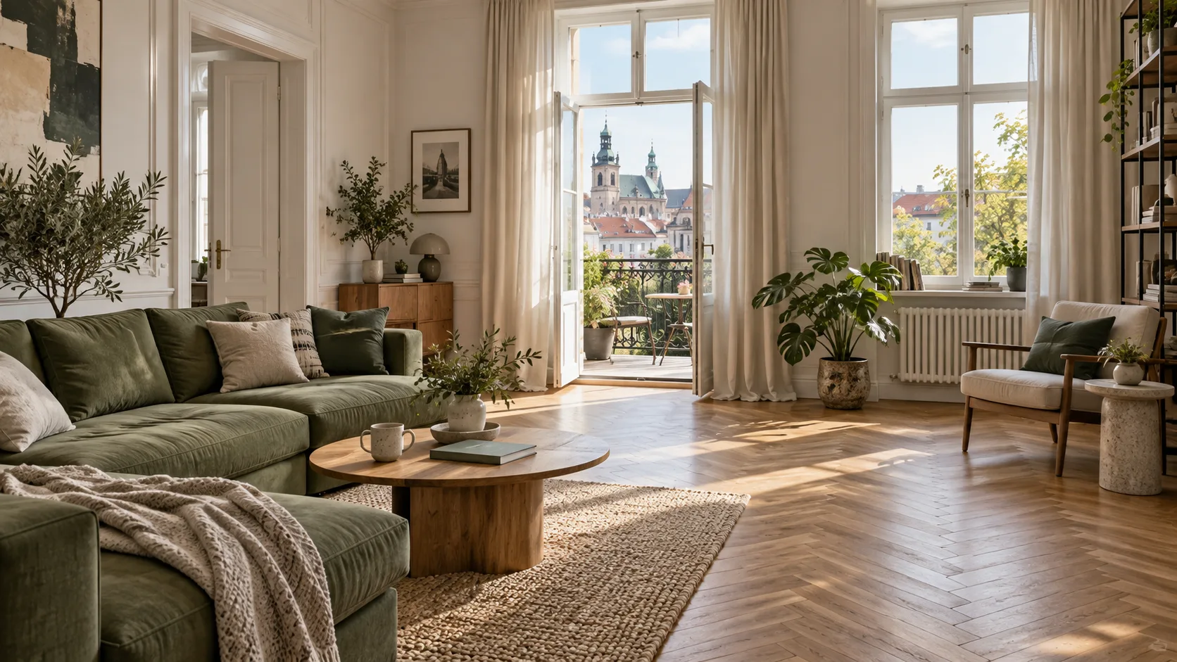 Jasny apartament z zieloną sofą, drewnianą podłogą i widokiem na miasto