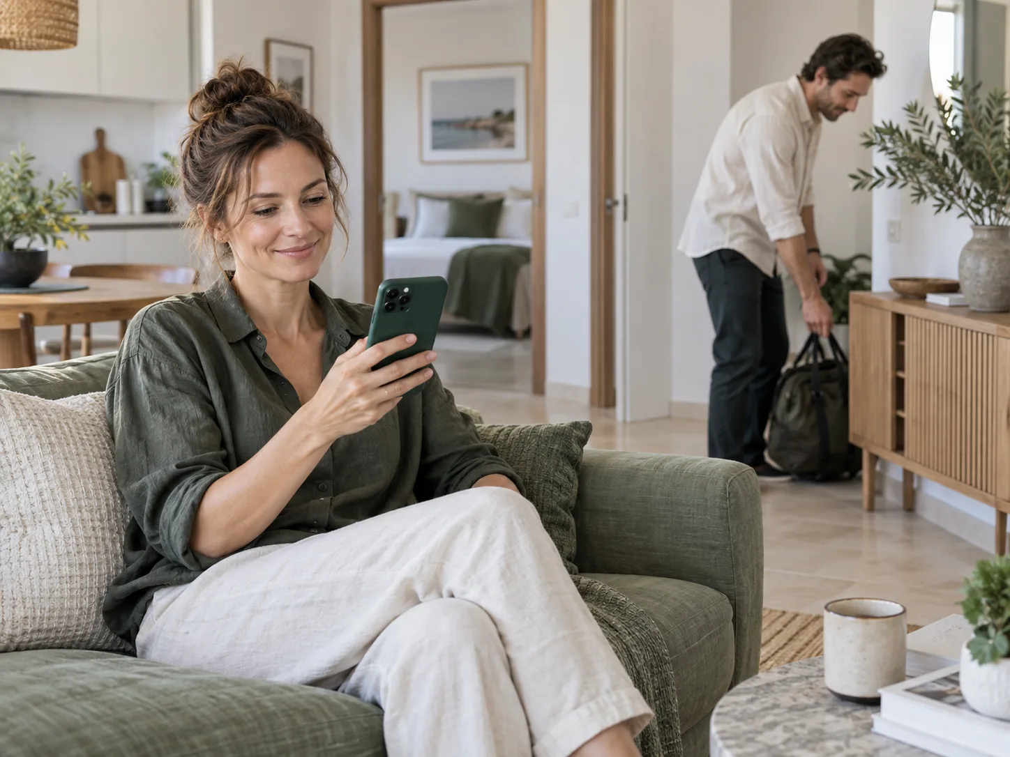 Gościni sprawdza informacje na telefonie po przyjeździe do apartamentu