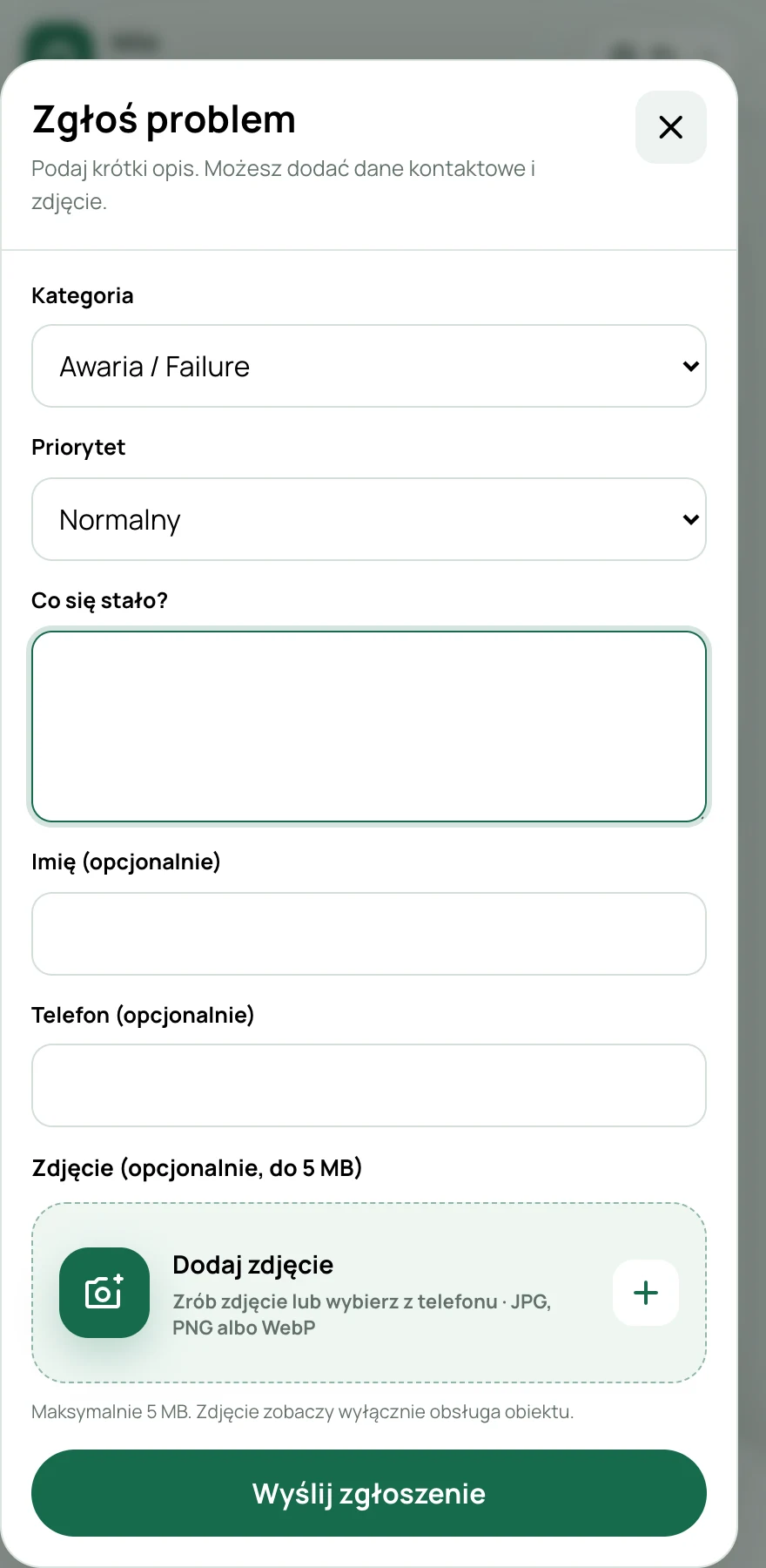 Prawdziwy portal: formularz zgłoszenia problemu ze zdjęciem