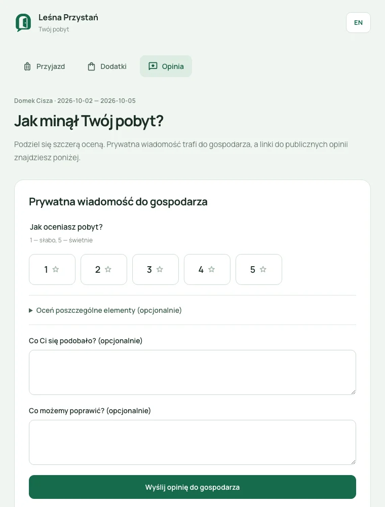 Formularz prywatnej oceny z pytaniami o zalety i rzeczy do poprawy