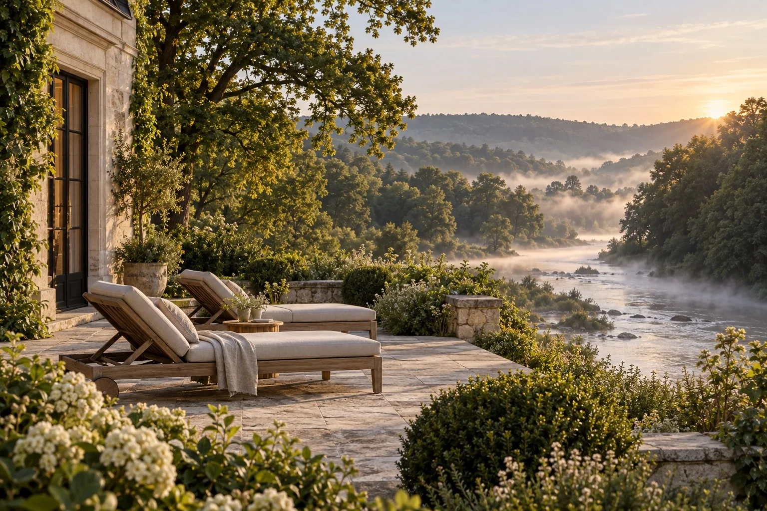 Spokojny taras nad rzeką otoczoną drzewami