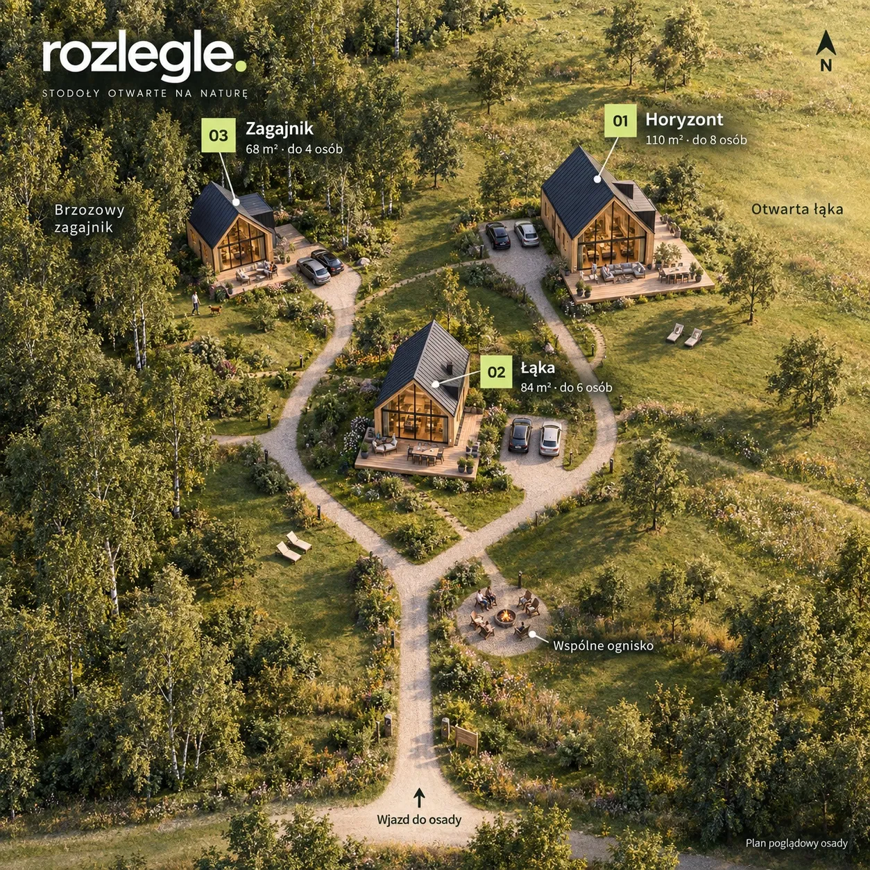 Mapa ROZLEGLE z lotu ptaka: Zagajnik przy brzozach po lewej, Horyzont przy otwartej łące po prawej, Łąka pośrodku, wspólne ognisko i wjazd od dołu.
